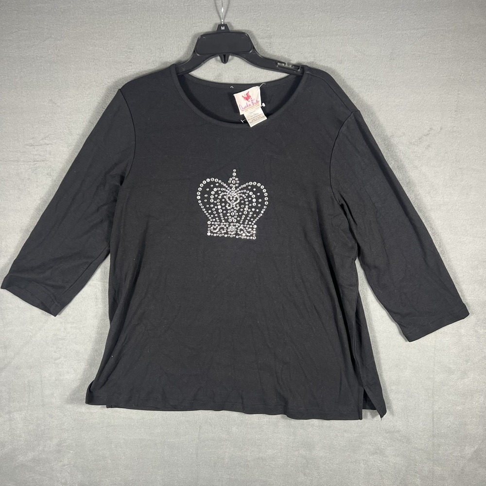 Quacker Factory Women's X-Large Black 3/4 Sleeve Rhinestone Crown Top Blouse New